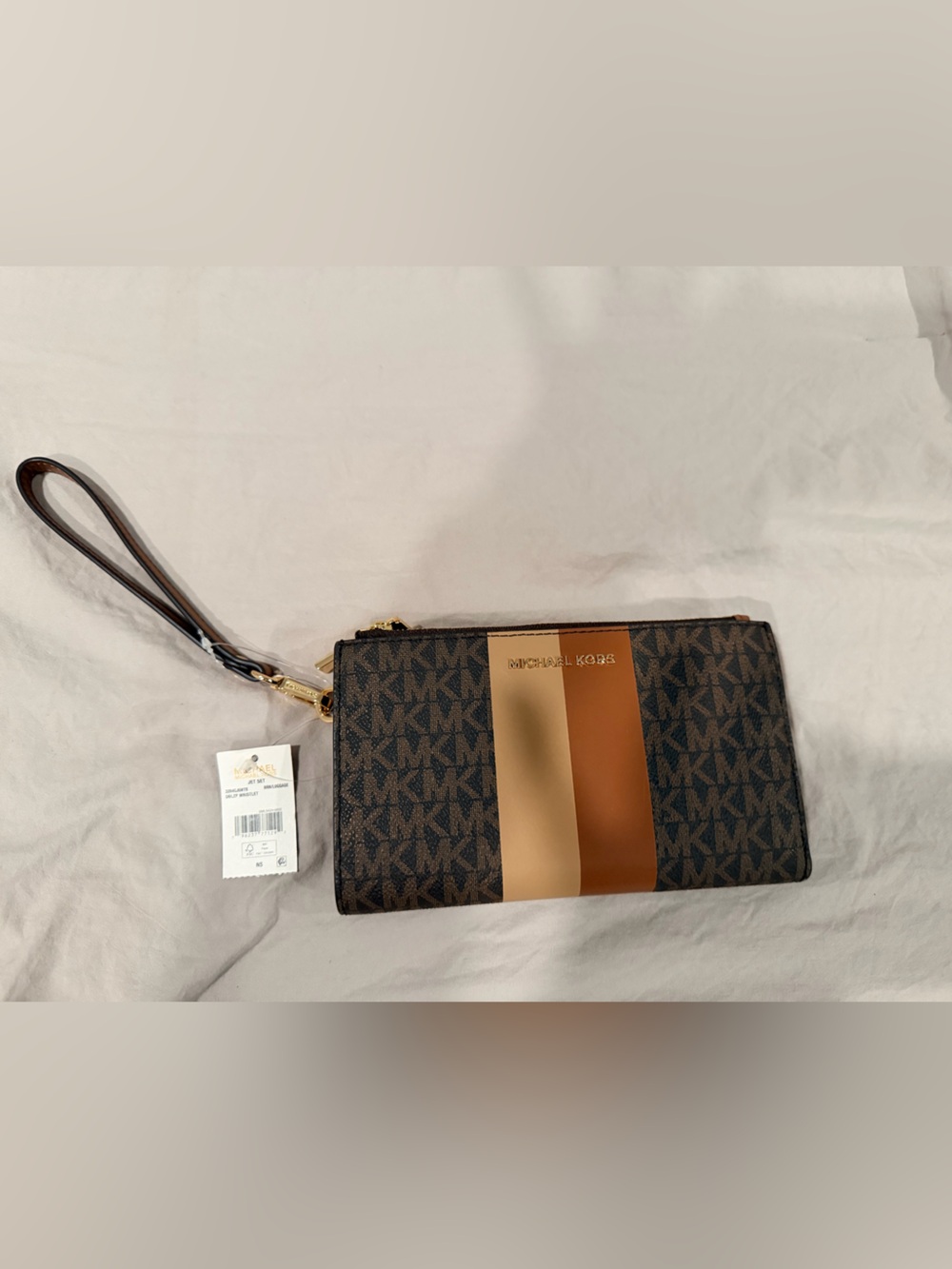 Michael Kors MK Signature Logo Wristlet Wallet Brown Tan NWT